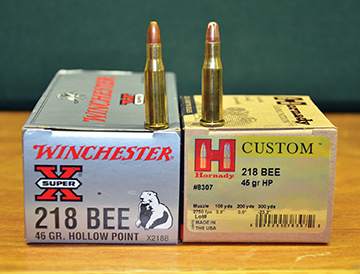 Winchester ammunition is loaded with a 46-grain bullet, and Hornady loads a 45-grain bullet. Both bullets are hollowpoints with flatnose profiles, making them safe for use in rifles with tubular magazines.